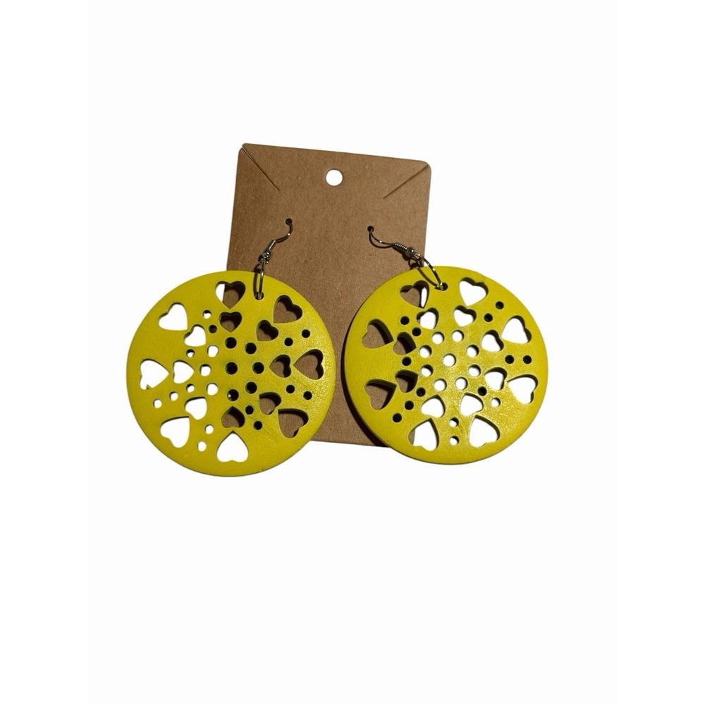 NEW Novelty Fashion EARRINGS yellow circle heart wood y2k